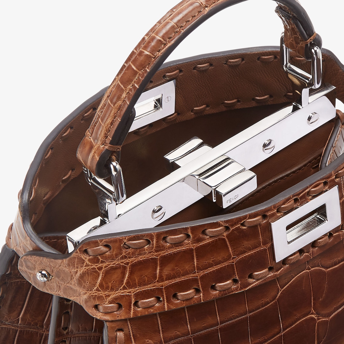 FENDI Peekaboo ISeeU Petite Brown crocodile bag with 306 hand-sewn topstitches - Image 4